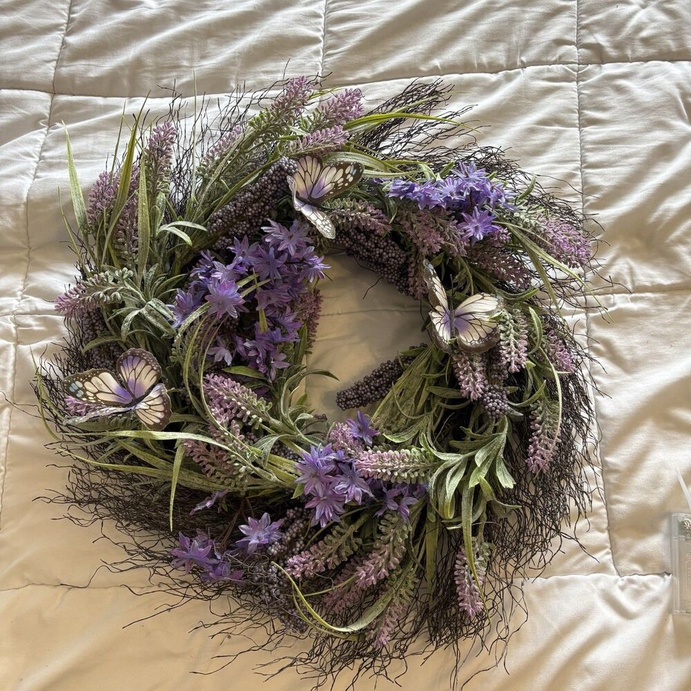 Butterfly Lavender Wreath Fairy Lights Faux Plants Spring Wall Door Decor 17”